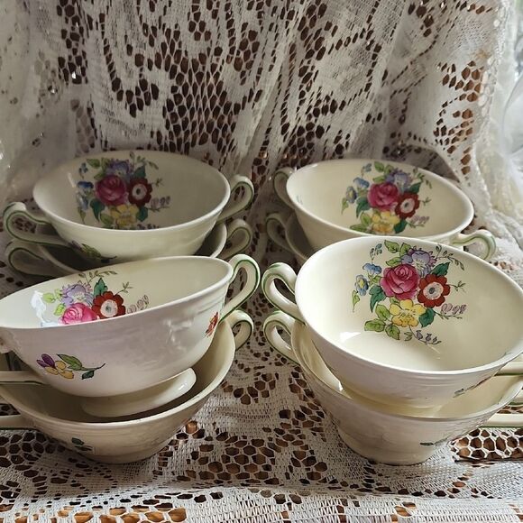 WWII Era Antique Double Handled Floral Cream Soup Bowls - Picture 1 of 9
